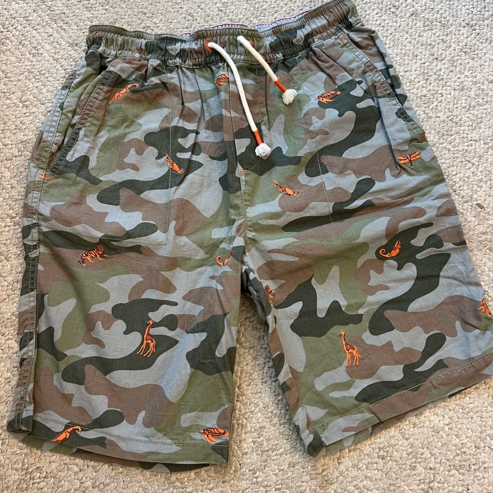 Mini Boden Boys Camouflage Shorts with Stitched Orange Animals
